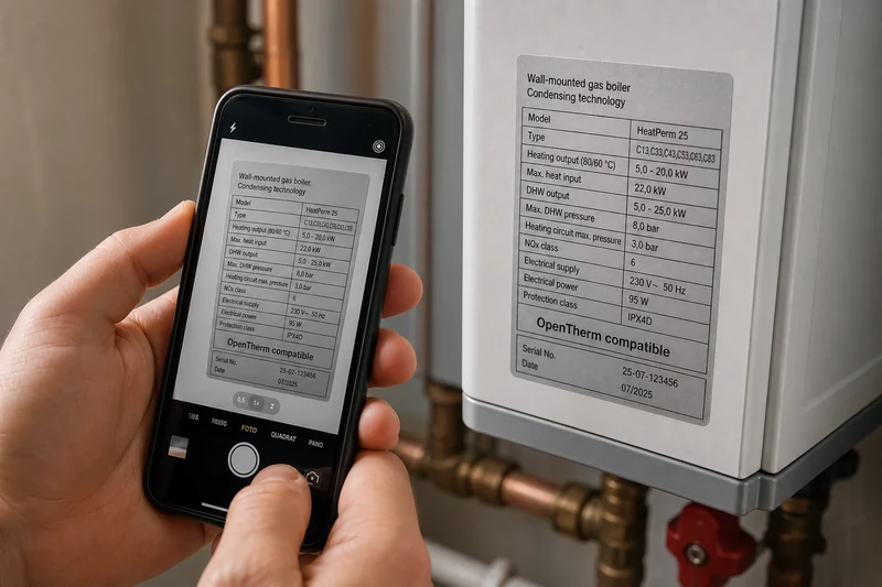 Plaque signalétique d'une chaudière gaz photographiée au smartphone pour vérifier la compatibilité