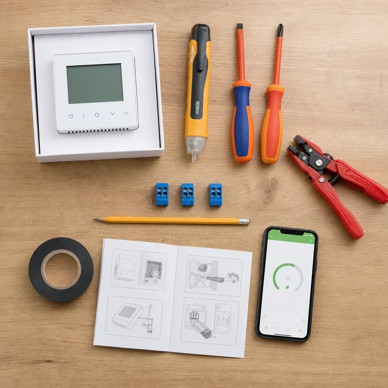 Matériel complet pour installer un thermostat connecté : testeur de tension, tournevis isolés, dominos