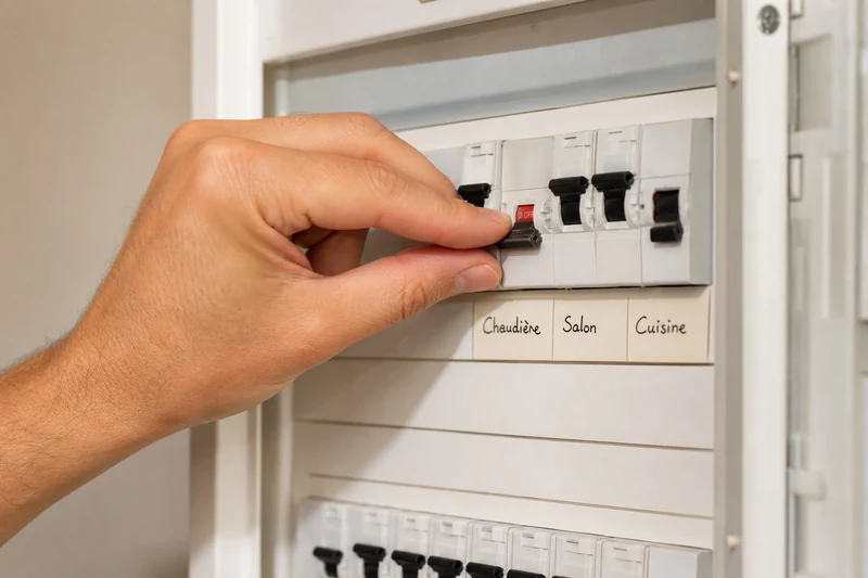 Main abaissant le disjoncteur dédié à la chaudière sur un tableau électrique français