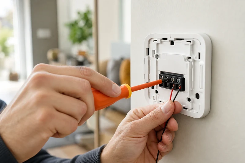 Vissage des deux fils dans les bornes du nouveau thermostat connecté