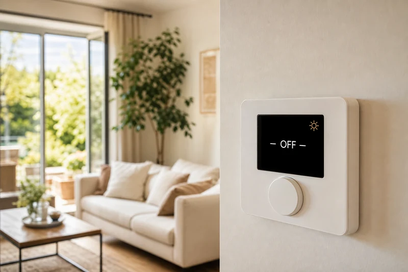 Thermostat connecté en mode été affiché OFF dans un salon lumineux