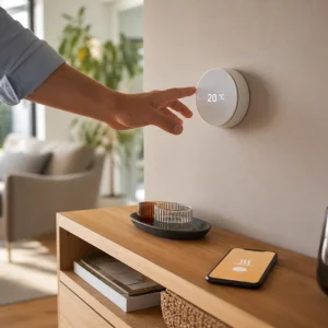 Thermostat connecté blanc rond installé sur un mur de salon clair, smartphone posé en dessous