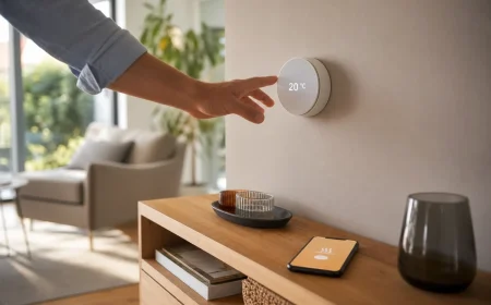 Thermostat connecté blanc rond installé sur un mur de salon clair, smartphone posé en dessous