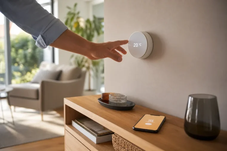 Thermostat connecté blanc rond installé sur un mur de salon clair, smartphone posé en dessous