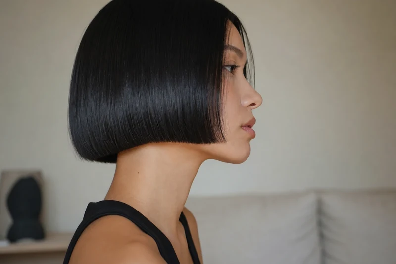 Profil d'un Japanese Bob noir ultra-précis suivant la ligne de mâchoire