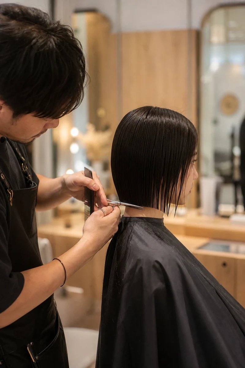 Coiffeur réalisant la ligne nette d'un Japanese Bob en salon