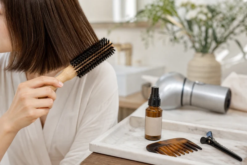 Brushing matinal d'un Japanese Bob avec pinceau plat et sérum lissant