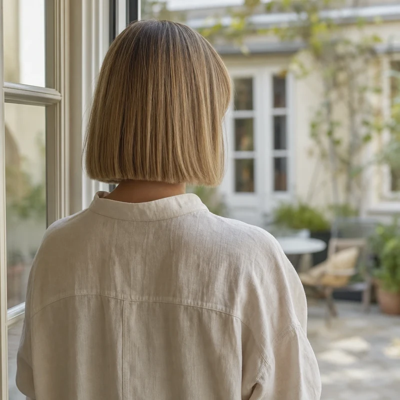Vue de dos d'un Japanese Bob blond miel à la clavicule