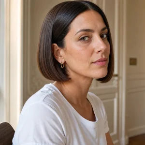 Femme de 35 ans portant un Japanese Bob châtain à la mâchoire, raie milieu, lumière naturelle