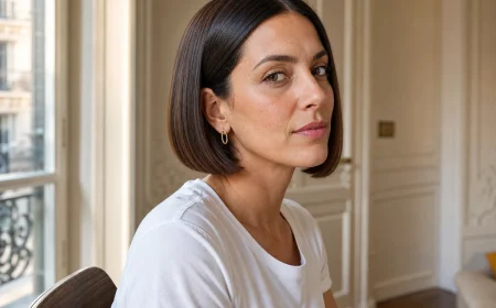Femme de 35 ans portant un Japanese Bob châtain à la mâchoire, raie milieu, lumière naturelle