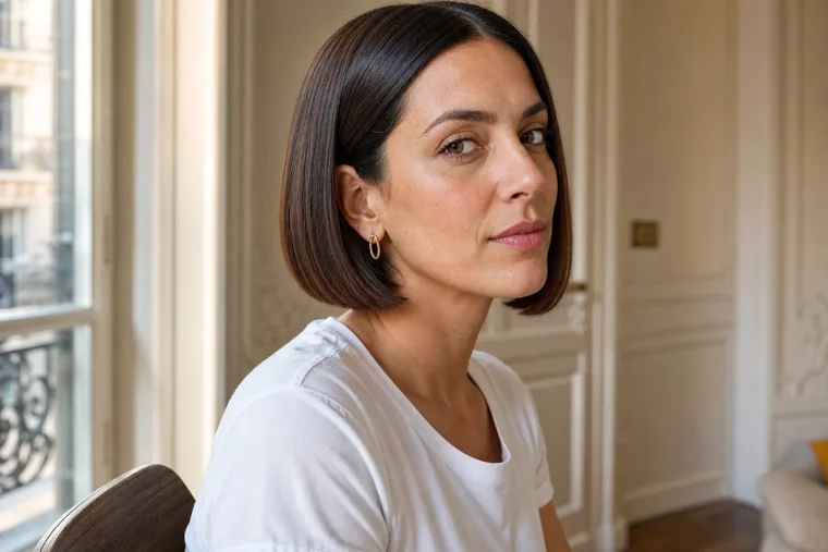 Femme de 35 ans portant un Japanese Bob châtain à la mâchoire, raie milieu, lumière naturelle