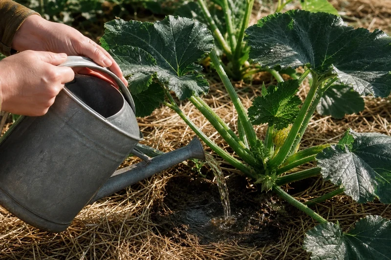 Arrosage au pied d'un plant de courgette à l'arrosoir en zinc tôt le matin