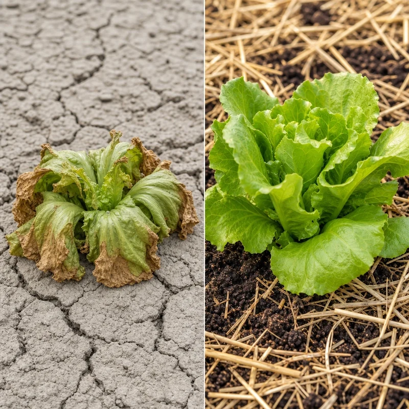 Laitue en stress hydrique à gauche, laitue en bonne santé sur sol paillé à droite