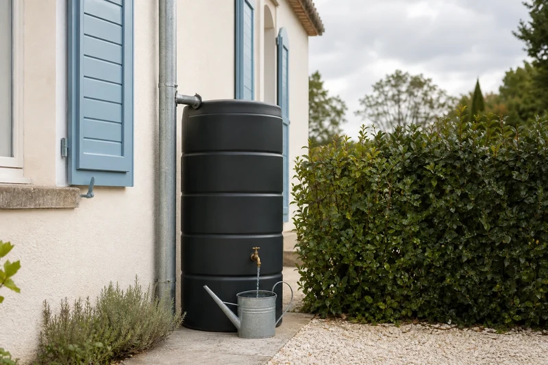Récupérateur d'eau de pluie de 500 litres relié à une gouttière de maison française