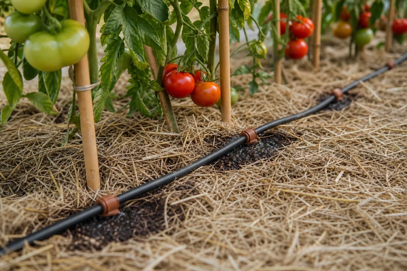 Système de goutte-à-goutte installé au pied d'une rangée de tomates sous paillage