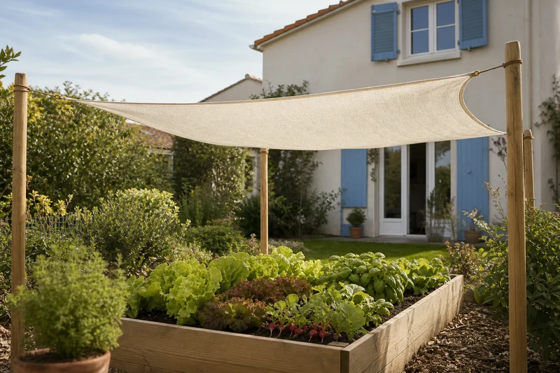 Voile d'ombrage blanc cassé protégeant un carré potager pendant une vague de chaleur