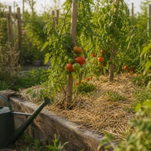 Potager paillé et arrosé tôt le matin pendant une vague de chaleur estivale