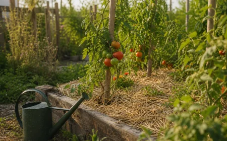 Potager paillé et arrosé tôt le matin pendant une vague de chaleur estivale