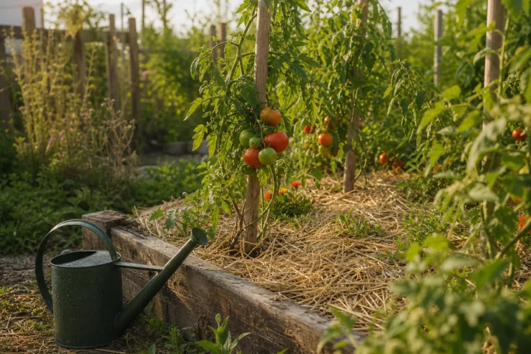 Potager paillé et arrosé tôt le matin pendant une vague de chaleur estivale