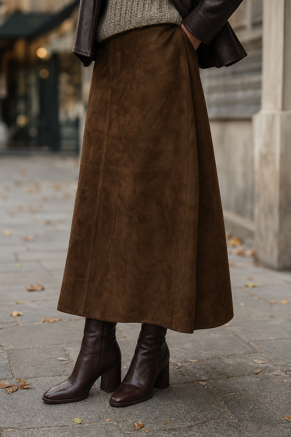 Jupe longue portée avec des bottines en automne