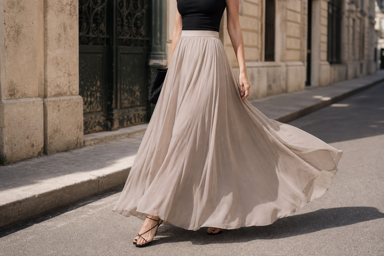 Femme en jupe longue fluide marchant dans la rue, style élégant