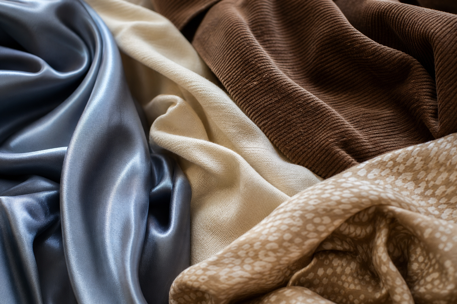 Textures de tissus de mode : soie, coton, velours côtelé