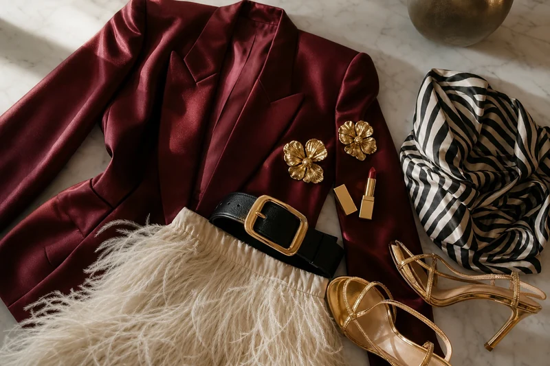 Flat-lay maximaliste réunissant pièces et accessoires loud luxury