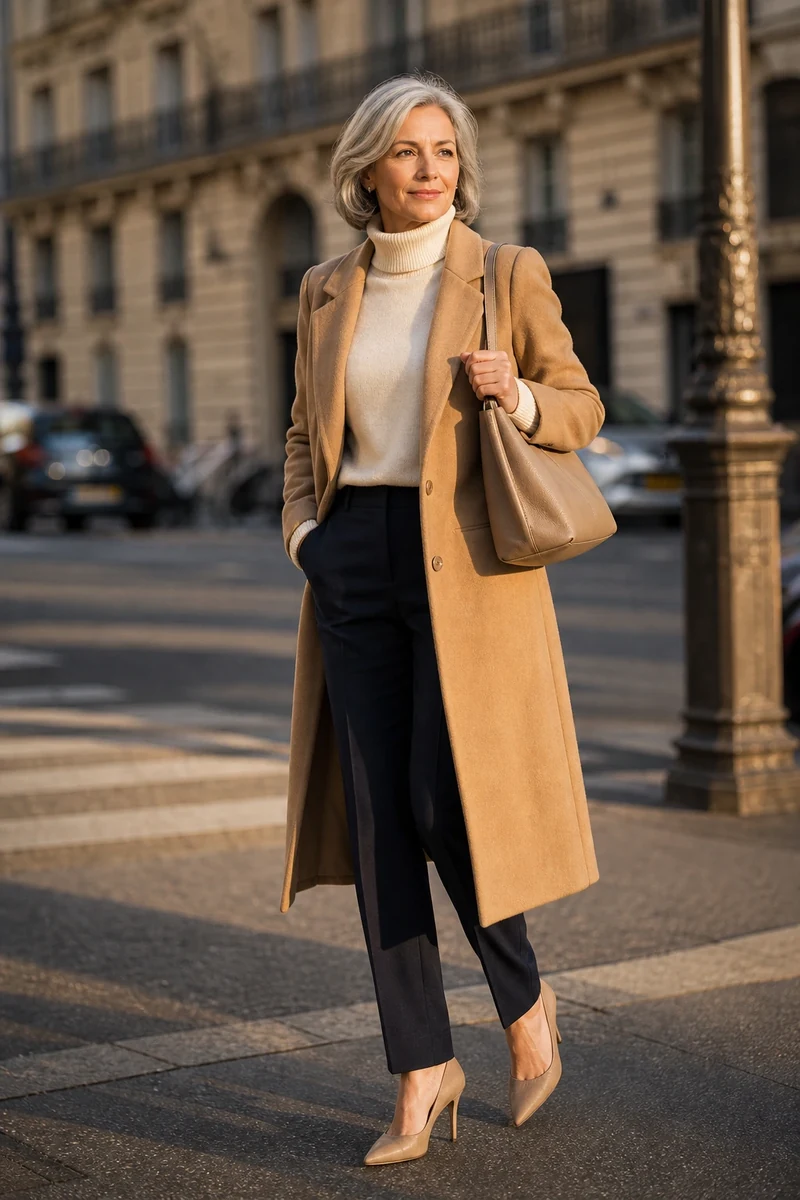 Femme de 50 ans en silhouette quiet luxury dans une rue parisienne