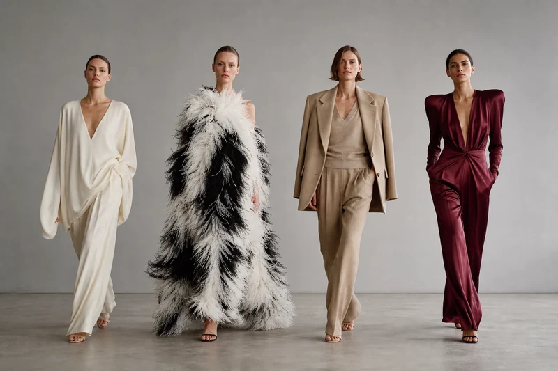 Quatre silhouettes alternant quiet luxury et loud luxury en mise en scène podium