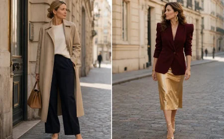 Comparatif loud luxury versus quiet luxury : deux silhouettes féminines françaises côte à côte dans une rue parisienne