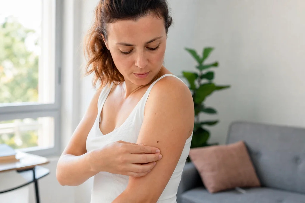 Femme examinant un grain de beauté sur son bras