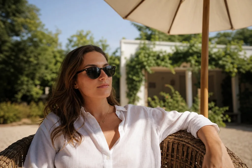 Femme à l'ombre d'un parasol sous le soleil de midi