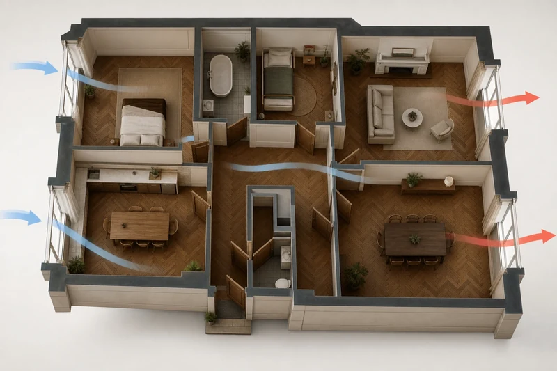 Schéma de ventilation traversante nocturne dans un appartement français