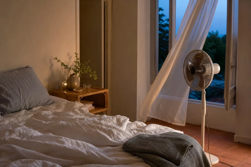 Chambre en lin blanc et ventilateur sur pied prête pour la nuit d'été