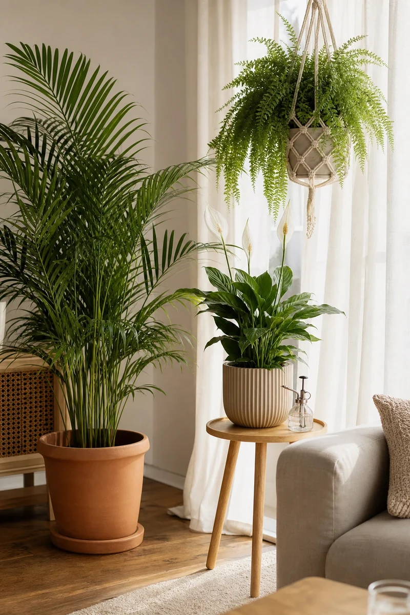 Trio de plantes d'intérieur rafraîchissantes : aréca, fougère de Boston et spathiphyllum
