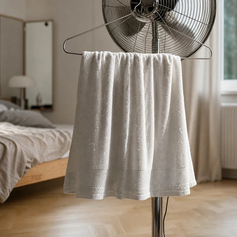 Linge humide suspendu devant un ventilateur pour rafraîchir une chambre