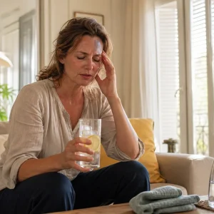 Femme adulte tenant un verre d'eau et se massant la tempe, signes d'un mal de tête en pleine canicule à la maison