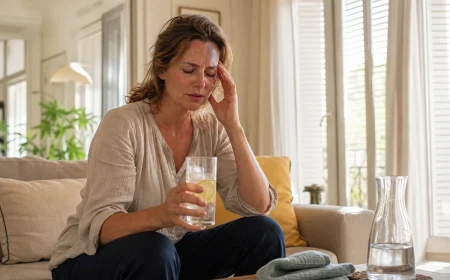 Femme adulte tenant un verre d'eau et se massant la tempe, signes d'un mal de tête en pleine canicule à la maison