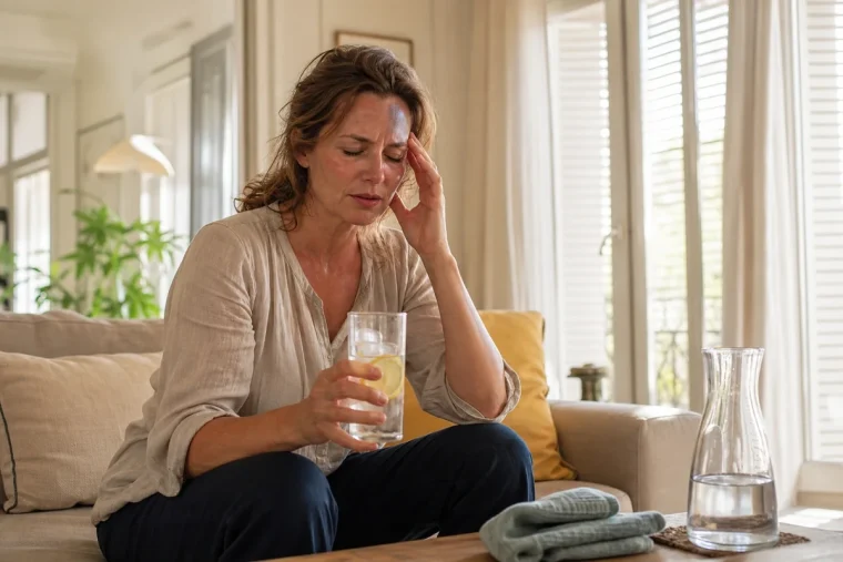 Femme adulte tenant un verre d'eau et se massant la tempe, signes d'un mal de tête en pleine canicule à la maison