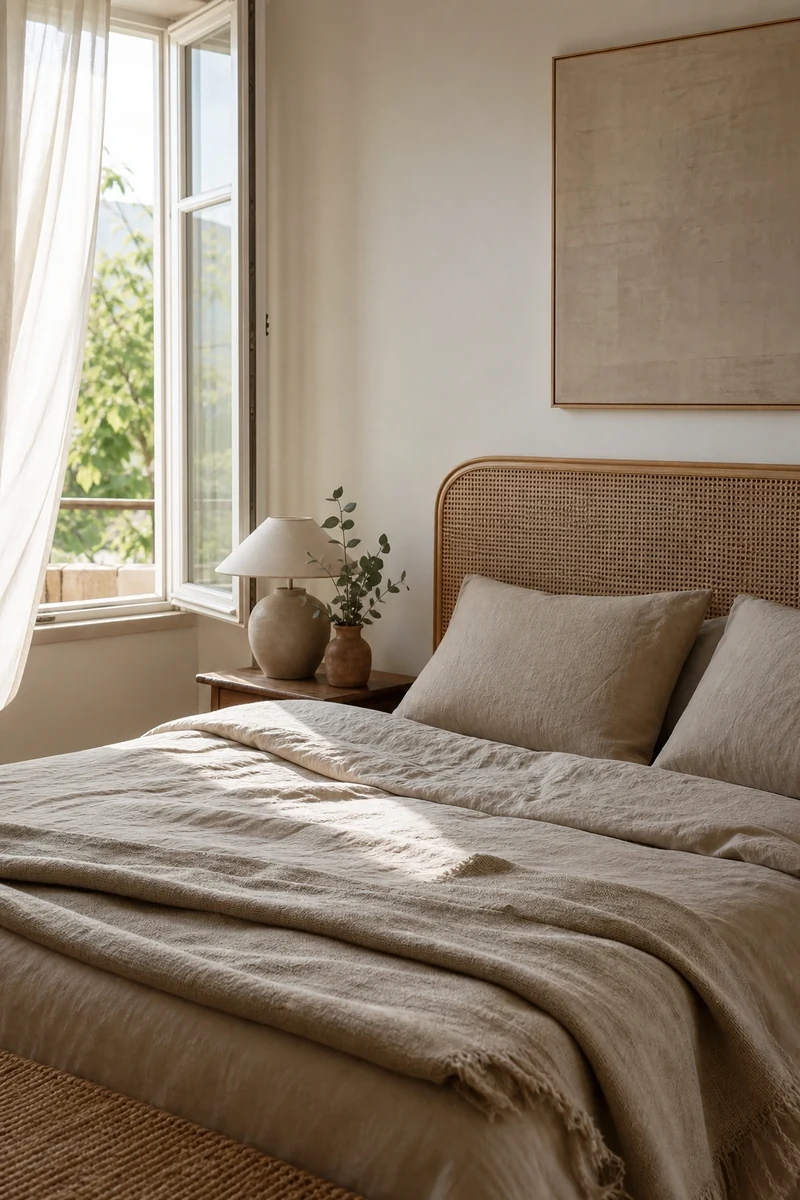 Chambre estivale parure en lin lavé écru et tête de lit en cannage rotin clair