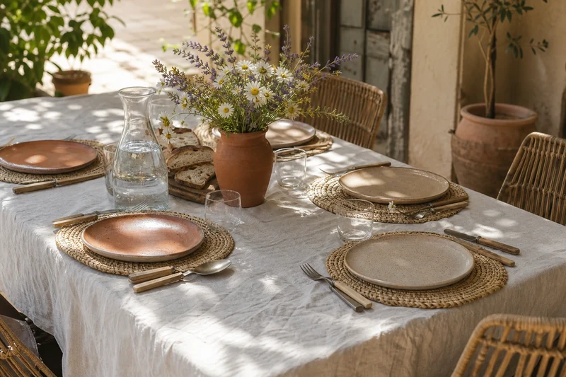Table d'été dressée avec nappe en lin assiettes en grès et sets en raphia