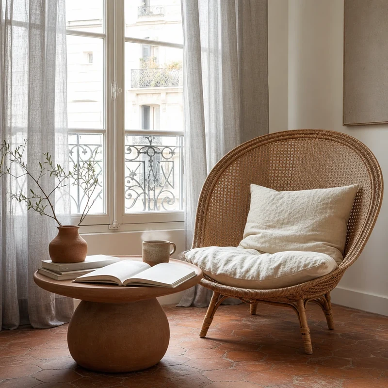 Coin lecture avec fauteuil en rotin coussin lin et table en terre cuite