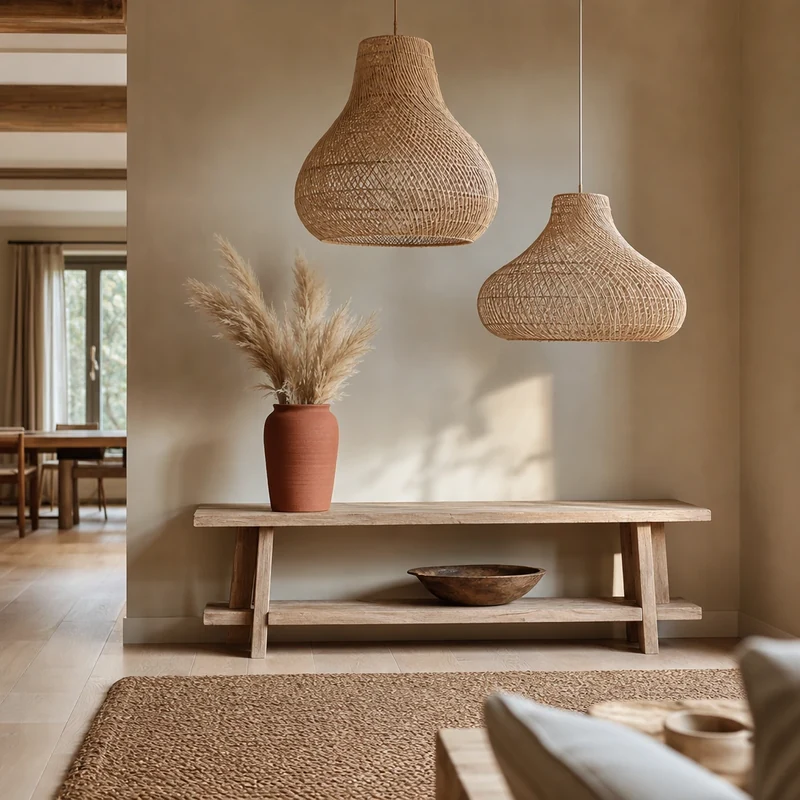 Suspensions XXL en raphia tressé tapis en jute et vase en terre cuite