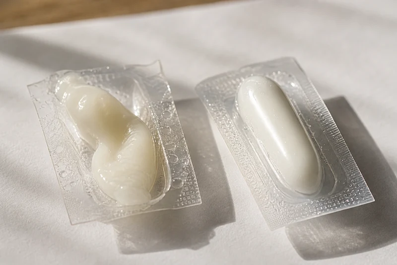 Comparaison entre un suppositoire fondu déformé et un suppositoire intact dans son blister