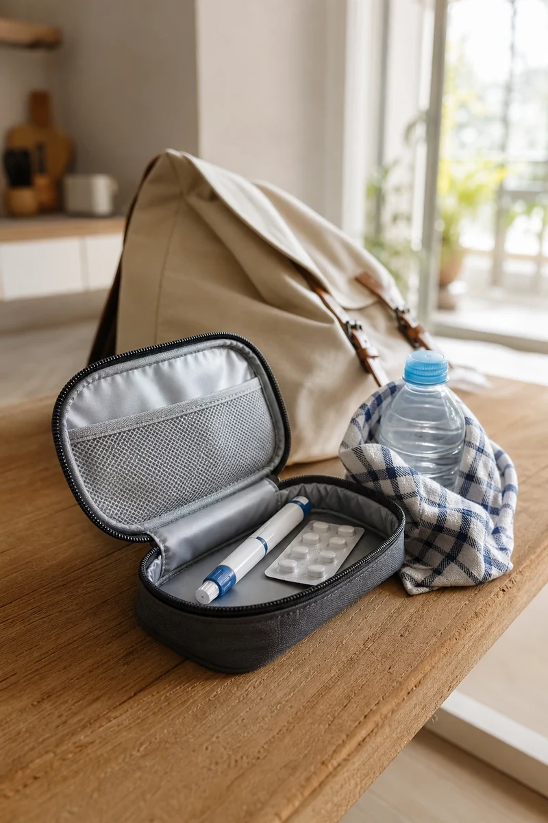 Pochette isotherme contenant un stylo à insuline et une plaquette, prête pour un transport estival