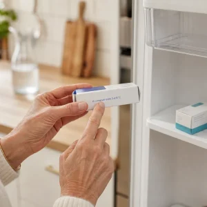 Une main pointe la mention « 2 à 8 °C » sur une boîte de médicament devant un réfrigérateur ouvert