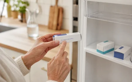 Une main pointe la mention « 2 à 8 °C » sur une boîte de médicament devant un réfrigérateur ouvert