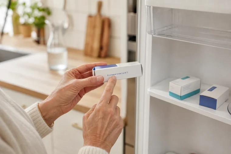 Une main pointe la mention « 2 à 8 °C » sur une boîte de médicament devant un réfrigérateur ouvert