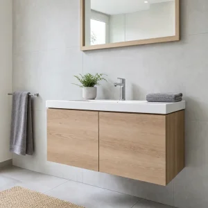 Meuble de salle de bain suspendu décor bois avec vasque blanche et miroir