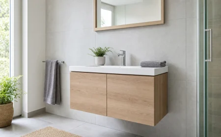 Meuble de salle de bain suspendu décor bois avec vasque blanche et miroir